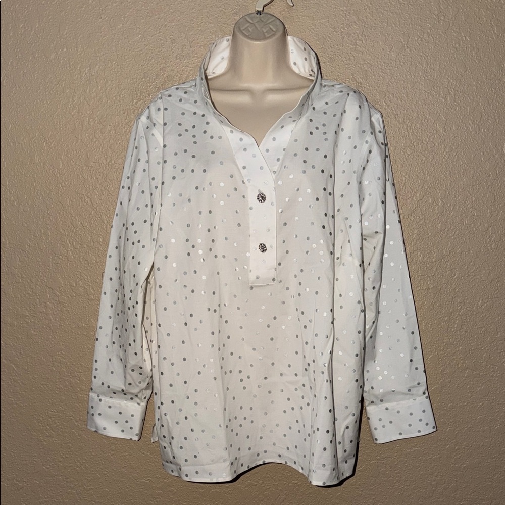 NWT $109 Sz 3X Talbots White Silver Non Iron Popover Polka Dot Blouse